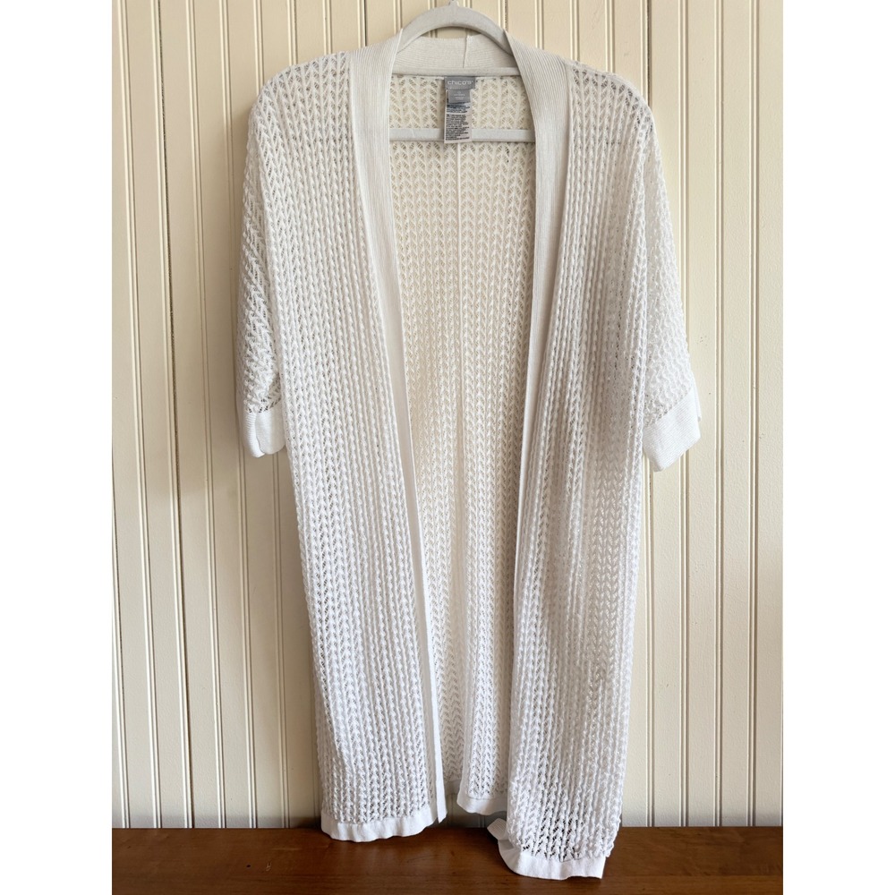 Chicos White Pointelle Knit Open Front Cardigan Short Sleeve Longline Size 0